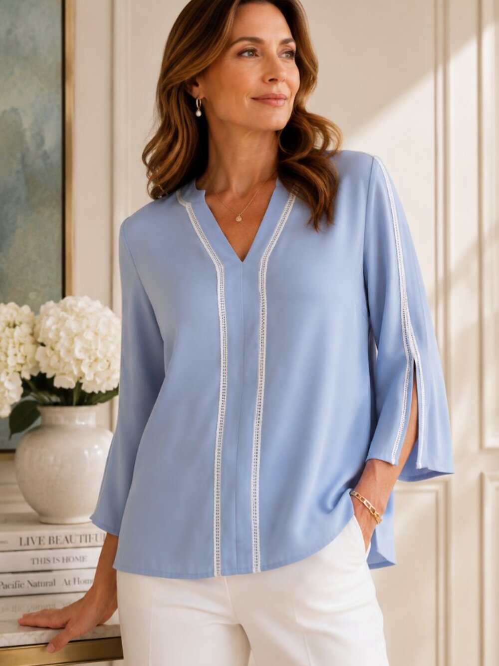 Misook Light Blue Knit Tunic Top White Ladder Lace Trim 3/4 Sleeve V-Neck Size M